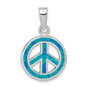 Sterling Silver Rhodium-plated Blue Inlay Created Opal Peace Sign Pendant - QP-D783B8EB-7395
