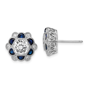 Sterling Silver Rhodium-plated Blue Spinel and CZ Flower Post Earrings