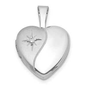 Sterling Silver Rhodium-plated Brushed And Polished 1/20 carat Diamond 12mm Heart Locket