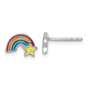 Sterling Silver Rhodium-plated Children's Multicolor Enamel Rainbow with Star Post Earrings