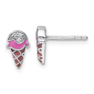 Sterling Silver Rhodium-plated Children's Pink and Brown Enamel with CZ Ice Cream Cone Post Earrings