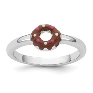 Sterling Silver Rhodium-plated Children's Size 3 Brown with Pink and White Enamel Sprinkled Donut Ring