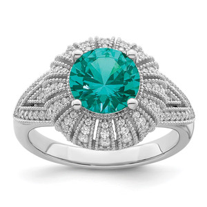 Sterling Silver Rhodium-plated Clear and Teal CZ Vintage Style Ring - QR-921F878C-2464