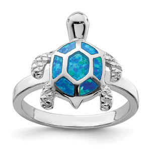 Sterling Silver Rhodium-plated Created Blue Opal Turtle Ring - QR-3963F92E-7106