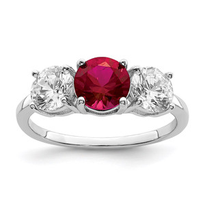 Sterling Silver Rhodium-plated Created Corundum & CZ 3 Stone Ring - QR-5428F610-6079
