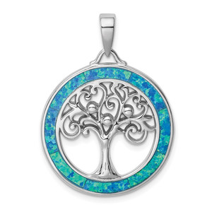 Sterling Silver Rhodium-plated Created Opal Circle w/Tree Pendant - QP-C08E4FAC-2351