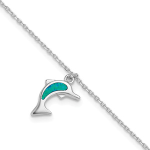 Sterling Silver Rhodium-plated Created Opal Dolphin 9 inch with an 1 inch extention Anklet