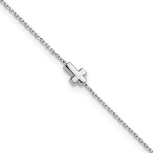 Sterling Silver Rhodium-plated Cross 9 inch with 1 inch Extension Anklet