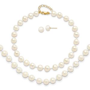 14k 6-7mm White Round Freshwater Cultured Pearl 7.25 inch with 1 Extender Bracelet/18 inch with 2 inch Extender Necklace/Button Earrings Set
