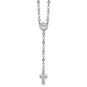 Sterling Silver Rhodium-plated CZ and Diamond-cut Heart and Cross Link with Cross Ash Holder 28.5 inch Rosary Necklace