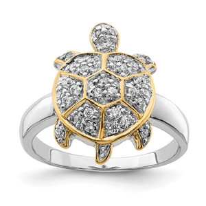 Sterling Silver Rhodium-plated CZ and Flash Gold-Plated Turtle Ring - QR-D12698FC-1390
