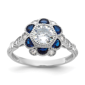 Sterling Silver Rhodium-plated CZ and Lab Cr. Blue Sapphire Flower Ring - QR-E332D3F3-7511
