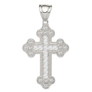 Sterling Silver Rhodium-plated CZ Budded Cross Pendant - QC-028F4733-5459