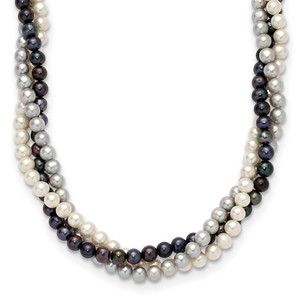 14k 6-7mm White/Gray/Black Near-Round Freshwater Cultured Pearl 3-Strand 18 inch Necklace