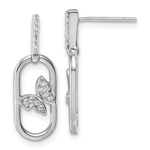 Sterling Silver Rhodium-plated CZ Oval Dangle With Butterfly Post Earrings