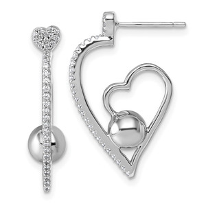 Sterling Silver Rhodium-plated CZ Polished Heart and Bead Post Earrings