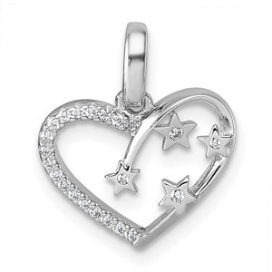 Sterling Silver Rhodium-plated CZ Polished Open Heart with Stars Pendant