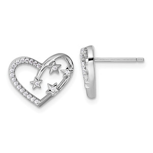 Sterling Silver Rhodium-plated CZ Polished Open Heart with Stars Post Earrings