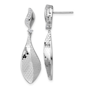 Sterling Silver Rhodium-plated CZ Polished Textured Abstract Tear Drop Dangle Post Earrings