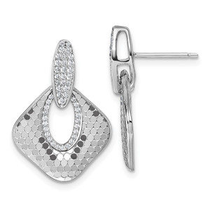 Sterling Silver Rhodium-plated CZ Polished Textured Doorknocker Dangle Post Earrings