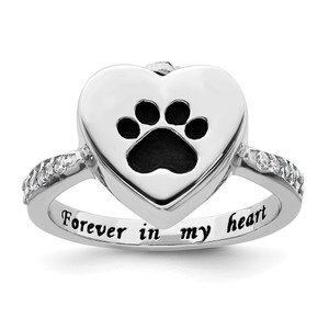 Sterling Silver Rhodium-plated CZ Shank Heart Enameled Paw Print FOREVER IN MY HEART (Inside) Ash Holder Size 7 Ring