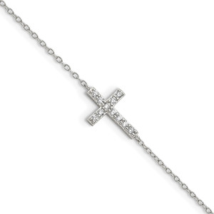 Sterling Silver Rhodium-plated CZ Sideways Cross w/1in Ext Bracelet - QG-51E67606-5637