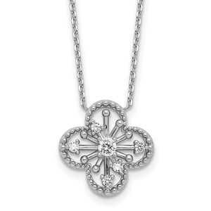 Sterling Silver Rhodium-plated CZ Textured Clover Shape 16 inch with 1.25 inch Extension Necklace