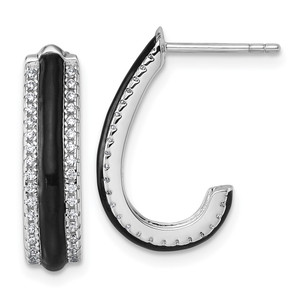Sterling Silver Rhodium-plated CZ with Black Enamel J-Hoop Post Earrings
