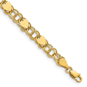 14k 6mm Solid Double Link with Hearts 7 inch Charm Bracelet