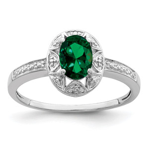 Sterling Silver Rhodium-plated Diam. & Created Emerald Ring - QB-8D6C937F-9762