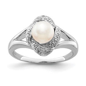 Sterling Silver Rhodium-plated Diam. & FW Cultured Pearl Ring - QB-62C9C153-8368