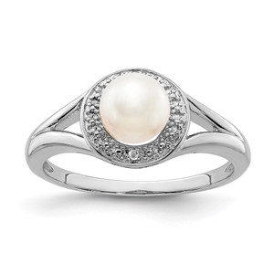 Sterling Silver Rhodium-plated Diam. & FW Cultured Pearl Ring - QB-F1527F0A-8254