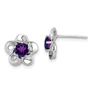 Sterling Silver Rhodium-plated Floral Amethyst Post Earrings - QB-D69056EB-2576