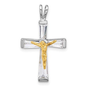 Sterling Silver Rhodium-plated Gold-tone CZ Crucifix Pendant