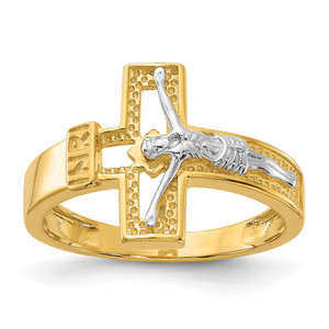 Sterling Silver Rhodium-plated Gold-tone INRI Crucifix Ring - QR-DB478E27-2687