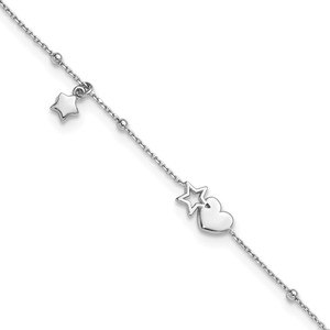 Sterling Silver Rhodium-plated Heart and Stars with Beads 9 inch with 1 inch Extension Anklet
