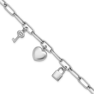 Sterling Silver Rhodium-plated Heart Lock and Key with CZ 7.5 inch Paperclip Chain Toggle Bracelet