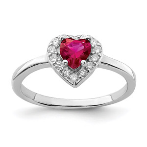 Sterling Silver Rhodium-plated Lab Cr Corundum & CZ Heart Ring