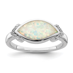 Sterling Silver Rhodium-plated Marquise Lab Created Opal & CZ Ring - QR-8E015C17-4759