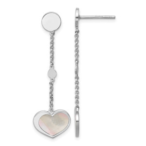 Sterling Silver Rhodium-plated Mother of Pearl Heart and Chain Post Dangle Earrings