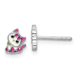 Sterling Silver Rhodium-plated Multicolor Enameled Kitty Children's Post Earring
