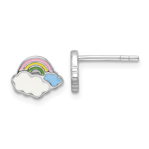 Sterling Silver Rhodium-plated Multicolor Enameled Rainbow & Clouds Children's Post Earrings