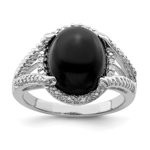 Sterling Silver Rhodium-plated Onyx and Diamond Ring - QR-7929166F-7271