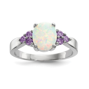 Sterling Silver Rhodium-plated Oval Created Opal w/Purple CZ Ring - QR-7CFE9C49-1149