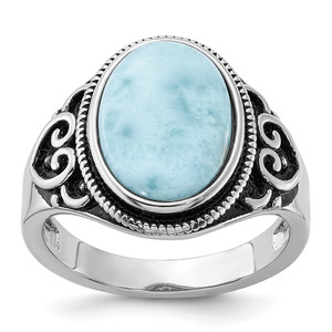 Sterling Silver Rhodium-plated Oxidized with Larimar Ring - QR-EB94B7B5-8434