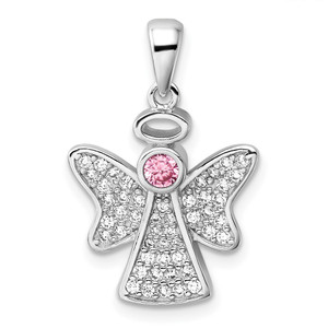 Sterling Silver Rhodium-plated Pink and Clear CZ Angel Pendant