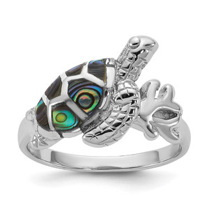 Sterling Silver Rhodium-plated Polished Abalone Sea Turtle Size 6 Ring