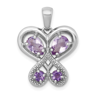 Sterling Silver Rhodium-plated Polished Amethyst and Rose de France Quartz Heart Butterfly Pendant