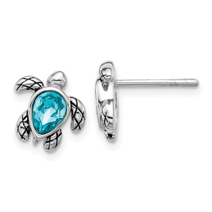 Sterling Silver Rhodium-plated Polished and Antiqued Blue Crystal December Birthstone Turtle Earrings
