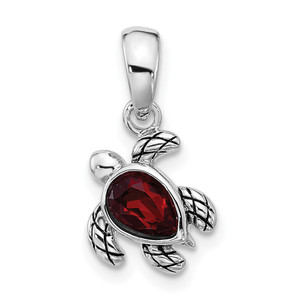 Sterling Silver Rhodium-plated Polished and Antiqued Crystal January Birthstone Turtle Pendant